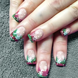 Red French Tips Press on Nails 24Pcs Medium Square Christmas Snowflake Fake Nails Glossy Green Glitter Acrylic False Nails Xmas Snowing Gel Glue on Nails Sparkly French Stick on Nail for New Year