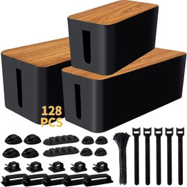 Cable Management Box 3 Pack with 125PCS Cable Management Kit for Power Strip to Hide Wires,Cord Organizer Boxes,Safe ABS Material Wire Organizer of Cable Clips Sleeve for Home & Office