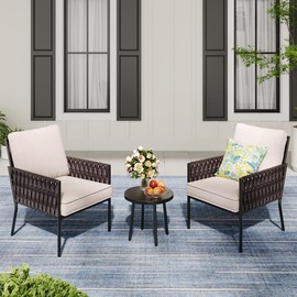 JOYURE 3-Piece Patio Furniture Set, Armchairs with Coffee Table,Modern Wicker Outdoor Conversation Set with Waterproof Thick Cushion for Deck,Backyard,Porch,Beige