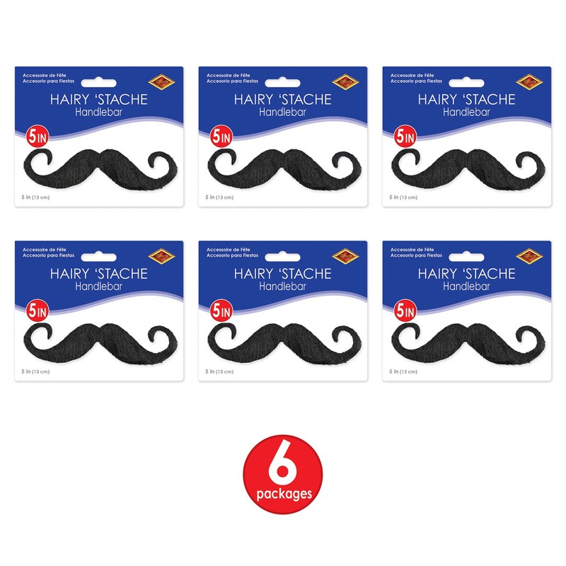 Beistle, 6 Piece Handlebar Hairy 'Staches, 5" (Black)