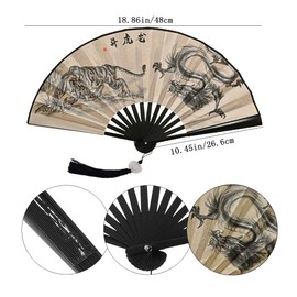 Folding Hand Fan,Handheld Foldable Vintage Black Chinese Japanese Style Fan with Tassels for Dance Music Festival Party (Loong & Tiger)