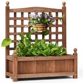 CHEFJOY Raised Garden Bed with Trellis, 25” x 11” x 30” Wooden Garden Planter with Drainage Holes, Free-Standing Trellis Planter Box for Vines Climbing Plants, Flowers, Herbs, Vegetables, Outdoor (1)