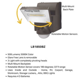 IQ America Motion Security Flood Light,Battery Operated Motion Sensor, 500 Lumen LED, Indoor Outdoor Universal Eave Soffit/Wall Mount Closet Shed Attic Workshop Garage Grill Light Bronze