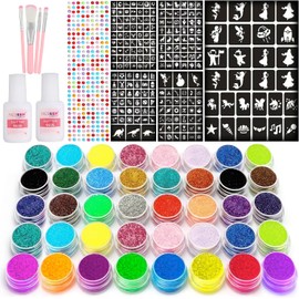 40 colores – Tatuajes con purpurina para niños, kit de tatuaje con purpurina, tatuajes temporales para niños, más de 200 plantillas, 40 colores (10 neon), diamantes de imitación, regalo de cumpleaños