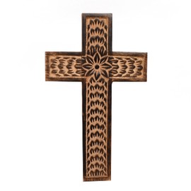 Samhita Mango Wood Wall Cross, Jesus Christ Floral Carving Family Cross Decor,Home Decoration (25.4cm x 15.24cm x 1.27cm)