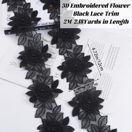 URROMA Black Embroidered Lace Trim，2 Yards Vintage Edging Fabric 3D Embroidery Applique for Costume Sewing DIY Lamp Shade Tablecloths Wedding Decors