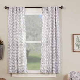 Twilight Floral Short Panel Curtains, Gray & White w/Touch of Red Mini Flower Print, Set of 2, 63" L x 36" W