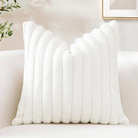 Sungeek Set of 1 White Faux Rabbit Fur Cushion Cover 45x45 cm, Soft Cozy Plush Striped Decorative Throw Pillow Covers 18x18 Inch Velvet Square Pillowcases for Sofa Bedroom