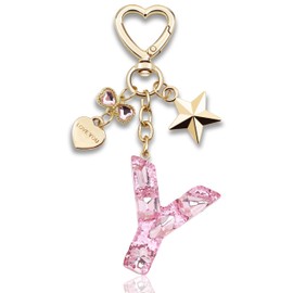 TTYY Glitter Initial Letter Keychain Gift for Women Girl, Cute Pink Keychains with Heart and Star Charm Keyring for Handbag Backpack