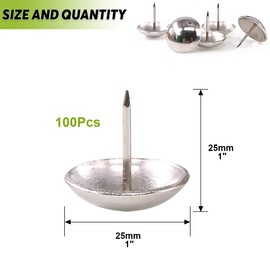 Keadic 100Pcs 1" (25mm) Antique Upholstery Tacks Furniture Nails Pins Assortment Kit for Upholstered Furniture Cork Board or DIY Projects - Silver