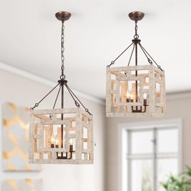 LALUZ Farmhouse Wood Chandelier, 4 Light Rustic Mid-Century Cube Wooden Chandeliers Light Fixture for Dining Room, Living Room, Bedrooms, Living Room, Entryway