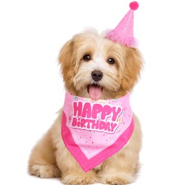 Pistha Dog Birthday Party Bandana Hat Set Dog Birthday Bandana Scarf and Dog Birthday Hat with Number for Dog Pet Birthday Party (Pink Scarf & Hat)