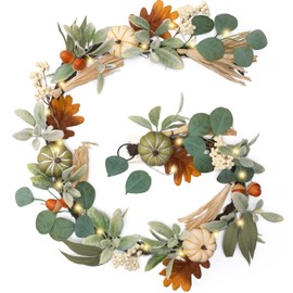 Valery Madelyn Fall Garland for Mantel, Hanging Pumpkins Garlands with Eucalyptus Leaves for Table Centerpiece (White Green, 5 Feet)