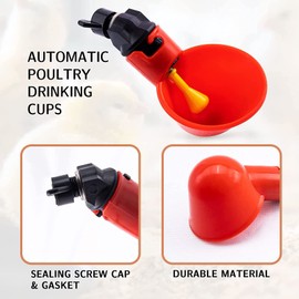 Automatic Chicken Drinkers Waterers Upgraded - 10 Pcs Red Poultry Watering Cups Bowls Drinking Dispenser Cage Accessories, Plastic Backyards Chicken Flock Duck Bird Water Feeder（with 10 Screws）