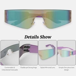 Futuristic Wrap Around Sunglasses Y2K Silver Trendy Rimless Glasses Cyberpunk Eyewear for Women Men Rave Party