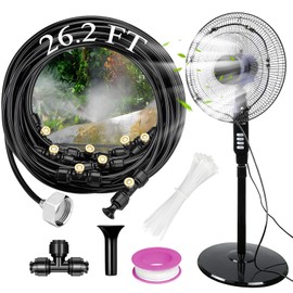 Outdoor Fan Misting System Kit, 26.2FT (8M) Misting Line + T-Joints + 8 Misting Nozzles + Brass Adapter(3/4") Misting Cooling System, Water Misting Fan for Cooling Outdoor