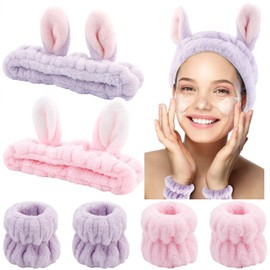 Set rosa RUGNADOO de 6 piezas: diademas y muñequeras de microfibra polar para spa y desmaquillaje