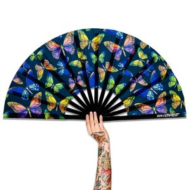 Raveahem UV Glow Rave Fan, Bamboo Folding Clack Hand Fan for Men Women (Butterfly-1, Large 13")