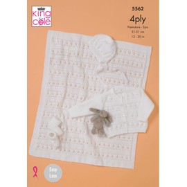 King Cole 5562 Knitting Pattern Baby Cardigan Bonnet Bootees and Blanket in Big Value Baby 4 Ply White