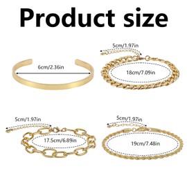 Mikovivi 4pcs Waterproof Link Cuff Herringbone Bracelet, Dainty Stackable Gold Cuff Chain Chunky Gold Layer Bracelets, Chunky Stack Jewelry Cuban Link Paperclip Chain for Women