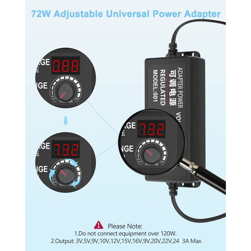 Aclorol Universal AC Adapter 3V-24V 3A 72W Adjustable Power Supply