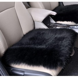 OKAYDA Natural Sheepskin Car Seat Cover Fluffy Square seat Cushion Universal Size Fit for Most Car, Truck, SUV, or Van (Black)