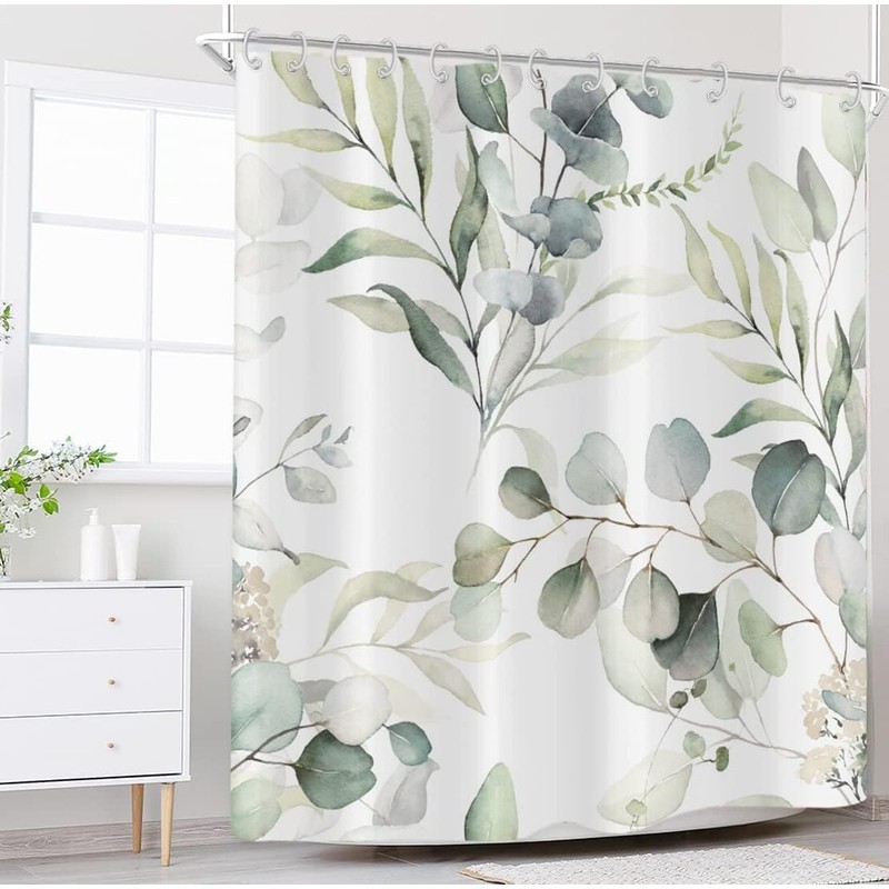 GCIREC Eucalyptus Leaf Shower Curtains, Sage Green Spring Botanical Watercolor