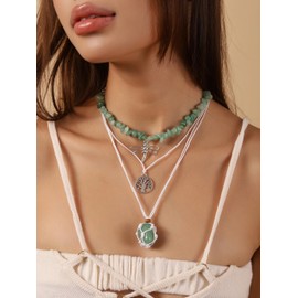 MINACHI Hippie Layered Necklace with Green Beads, Dragonfly & Tree of Life Charms, Boho Adjustable Jewelry For Women