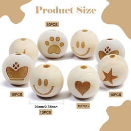 Smile Face Wooden Beads, Pack of 50 Wooden Balls with Hole 20 mm, Natural Wooden Beads for Macrame, Wooden Beads with Face Angel, Wooden Beads Round, Creative Round Beads, DIY Craft Beads for