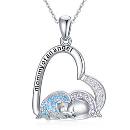 HUKKUN Mommy of Angel Necklaces Sterling Silver Miscarriage Gifts for Mother Heart Memorial Jewellery for Women, Sterling Silver