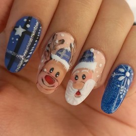 Christmas Press on Nails Short Round Winter Fake Nails Blue Full Cover Santa Claus Elk False Nails with Snow Designs Glossy Glue on Nails Cute Acrylic Nails Manicure Artificial Nails for Women Girls