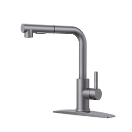FORIOUS Kitchen Faucets Pull Down Sprayer Stainless Steel, Single Handle Classic Pull Out Sink Faucet with Deck Plate for 1 or 3 Holes, Suitable for Bar RV Farhouse Laundry, Grey