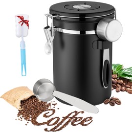 Bote Hermético para Café - 1800ml Recipiente de Café de Acero Inoxidable, con Identificador de fecha y Cuchara para café molido, granos,té - Negro