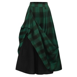 Women Medieval Skirt Elastic Waist Plaid Adjustable A-Line Skirt Swing Skirt Black Green S