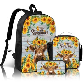 Luixdie Sunflower Highland Cow School Backpack 3pcs Bookbag with Lunch Box and Pencil Case for Boys Girls Kids Computer Laptop Backpack for Elementary Preschool Travel Outdoor Back to School Gifts