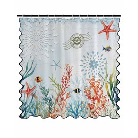 Coastal Blue Shower Curtain with Black Scalloped Border,Ocean Coral Starfish Bathtub Curtain Waterproof Fabric Shell Nautical Seagrass Boho Hotel Style Bathroom Decor with Hooks Washable,72"W x 72"H