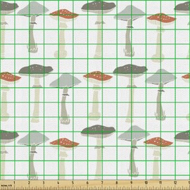 Ambesonne - Tela de hongos por el patio, patrón de colores pálidos boletus porcini Amanita setas retro orgánico, tela decorativa para tapicería y acentos del hogar, 2 yardas, blanco y gris