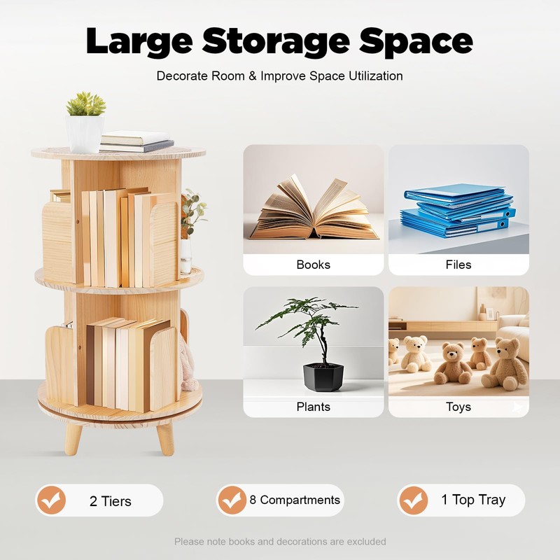 Rotating Bookshelf, Freestanding 360 Display Corner Bookshelf for Small Space,Solid