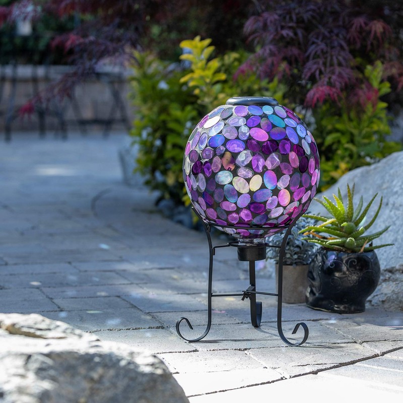 Alpine Corporation Outdoor Solar Powered Pink Glass Mosaic Gazing Globe