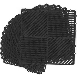 MYFAMIREA Modular Interlocking Cushion 12 Pack 11.8" x 11.8" Rubber Floor Tiles Non-Slip Splicing Drainage Mats for Deck, Pool, Shower, Patio, Balcony, Bathroom, Kitchen, Yard (1 Rows Dots, Black)