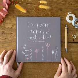 Leaving Book for Colleagues, Teachers, Friends - Es war schön mit dir! - Entry Book for Free Design as a Farewell Gift, 92 Pages, Hardcover in Beige Grey, 120 g Recycled Paper, Climate Neutral
