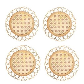 Boho Style Woven Bamboo Rattan Coaster Two Pattern Holes for Drink Coaster Coffee Table Home Decor Housewarming Gift (Big Hole, 4 Pack)