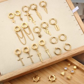 Drperfect 26Pcs Clip On Earrings for Men Stainless Steel Non Pierced Cross Chain Lightning Feather Spike Skull Dangle Huggie Hoop Fake Earrings Set Black Silver Gold Tone3