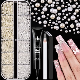 Flatback Pearls for Nail Art with Rhinestones Glue Gel, Half Round Nail Beige White Pearls with Pickup Pencil and Tweezers, Pearls Nail Charms Accessories for Acrylics Manicure Face Hair Crafts Decor