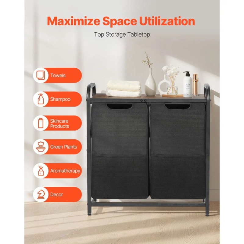 2 Section Freestanding Clothes Organizer Large Laundry Hamper with Metal
