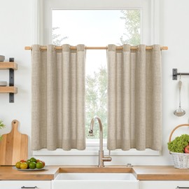 YoungsTex Kitchen Curtains for Windows Above Sink，Short Linen Curtains Grommet Light Filtering Privacy Curtains for Small Window Basement Cafe, Oatmeal, 52X36 Inch
