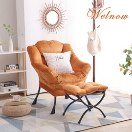 Welnow Lazy Chair with Ottoman, Modern Lounge Accent Chair with Armrests and a Side Pocket, Leisure Upholstered Sofa Chair Reading Chair with Footrest for Small Space, Corner Chair