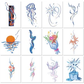 12 Sheets Temporary Tattoos Colored Pencil Style Colorful Mermaid Tail Bouquet Jellyfish Waterproof Durable Fake Body Art Stickers for Women Kids