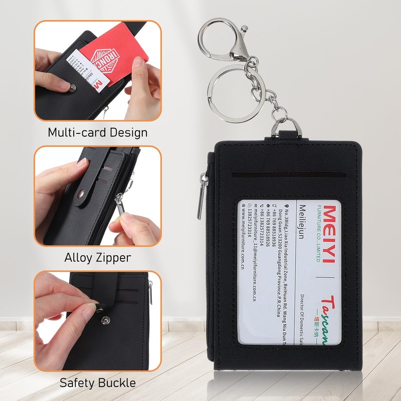 Shimmeroo Slim Keychain Card Holder for Men, Black Zipper Slim