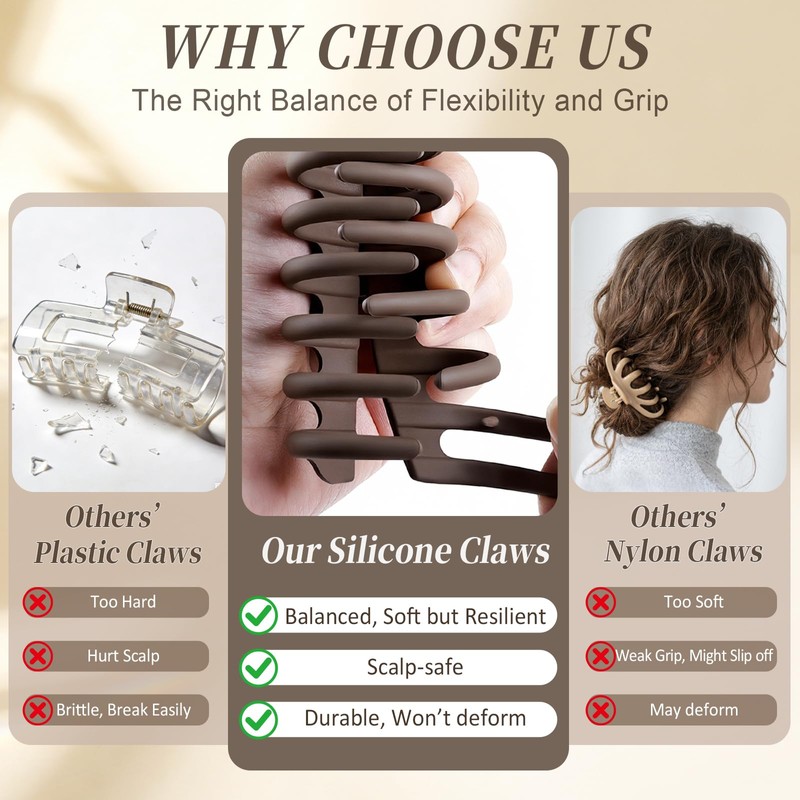 TOCESS Silicone Flexible Claw Clip: 3 Pack Bendable Matte Large